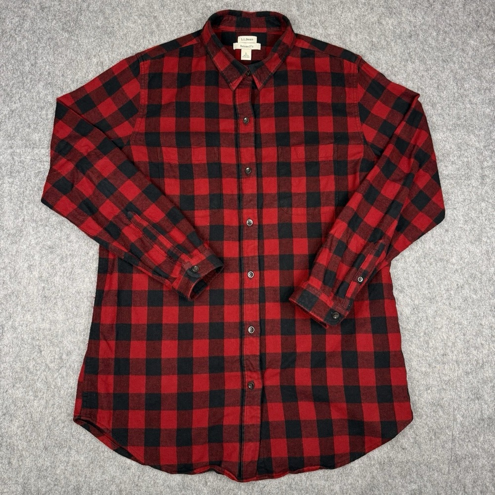 LL BEAN Scotch Plaid Flannel Shirt Women's Large Red Black Buffalo Check Relaxed